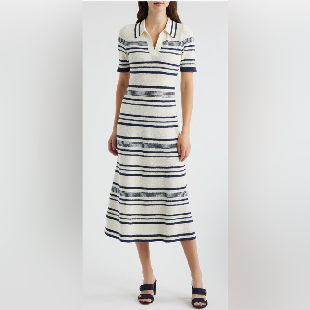 Zoe and Claire Striped Navy and White Midi Polo Dress - Picture 3 of 10